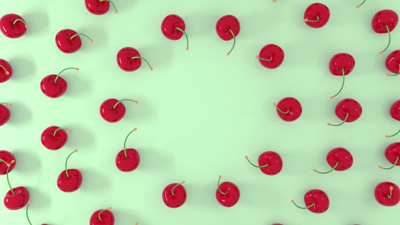 Render 3D buah ceri merah segar dengan latar belakang permukaan pastel. Animasi loop render 4K