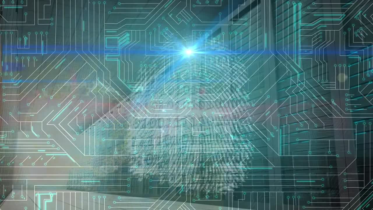 생체인식 지문의 애니메이션, 빛나는 컴퓨터 회로판에서 데이터 처리