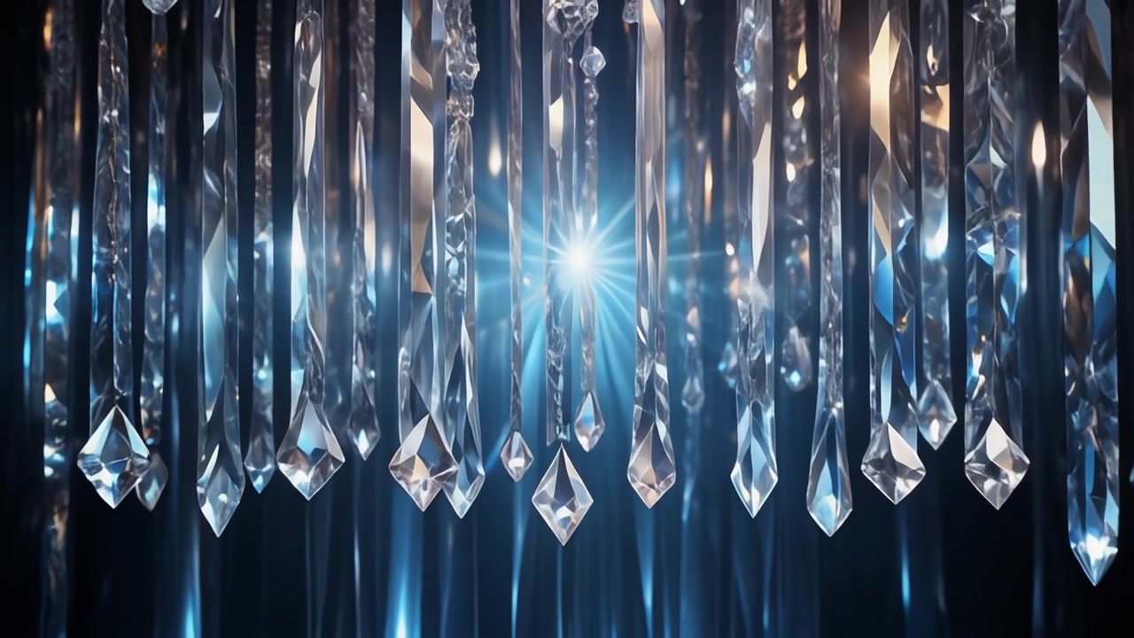 Prismi di Lampadario di Cristallo Appesi con Sfondo di Luce Blu Brillante
