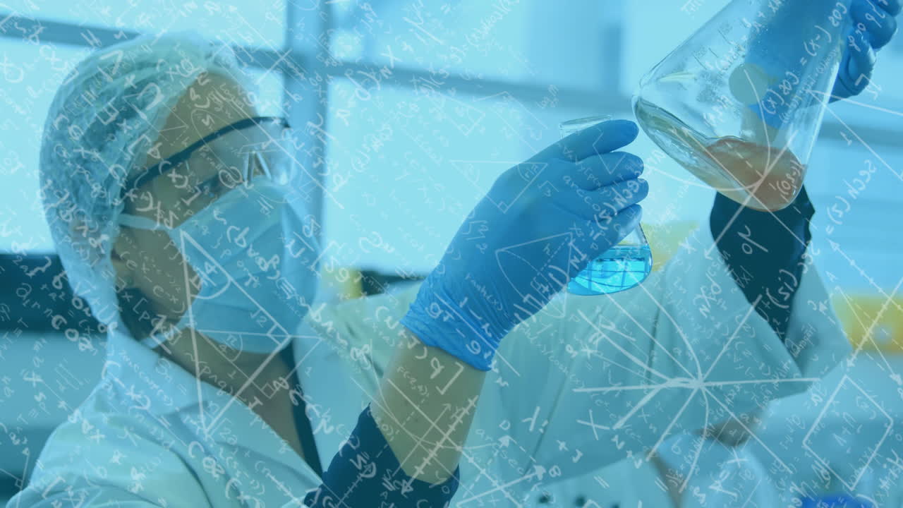 Animation of mathematical equations over biracial female scientist working in lab