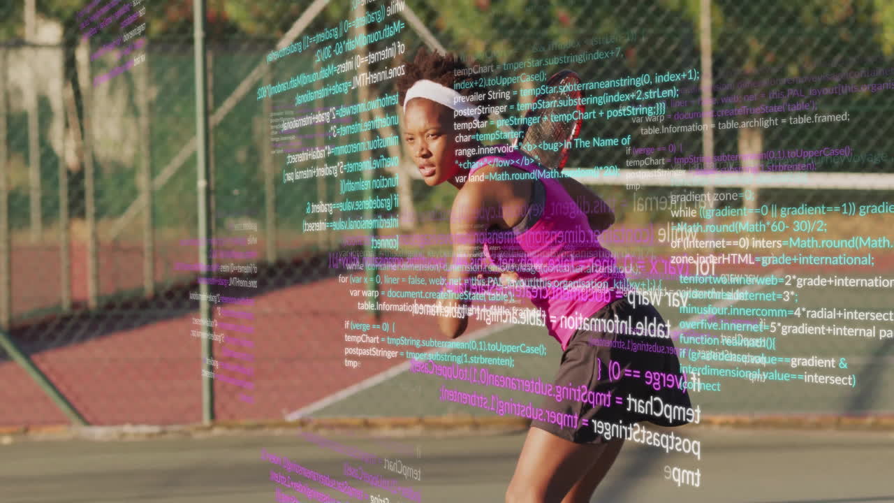 Female tennis player serving on outdoor court, integrating animated code lines in technology theme
