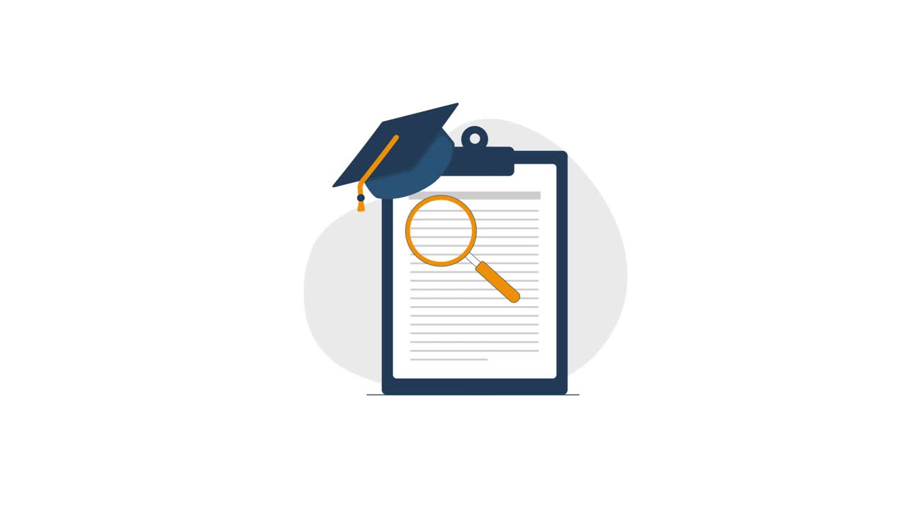 Animated Graduation Cap, Clipboard, and Magnifying Glass for Academic Research