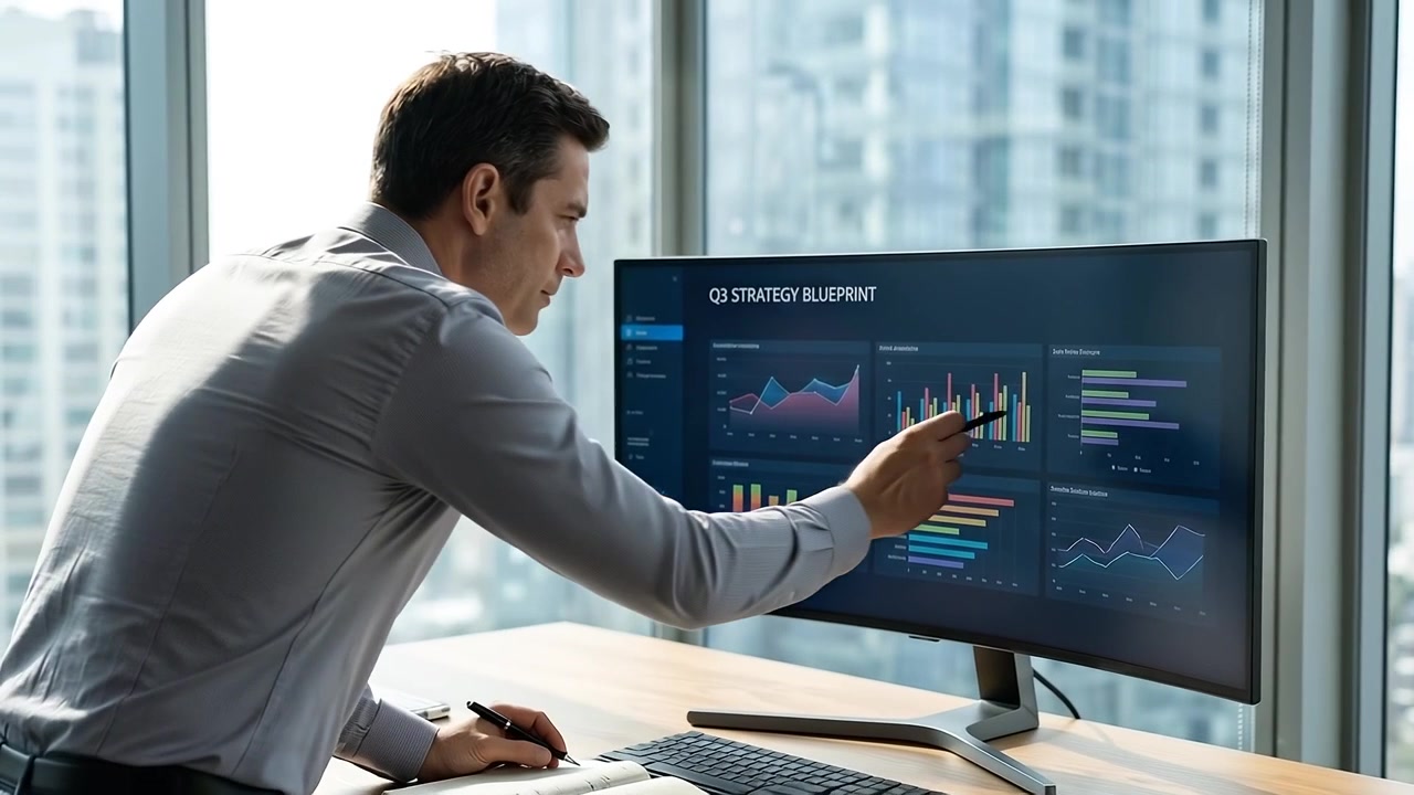 Businessman Analyzing Financial Data on Computer in Modern Office