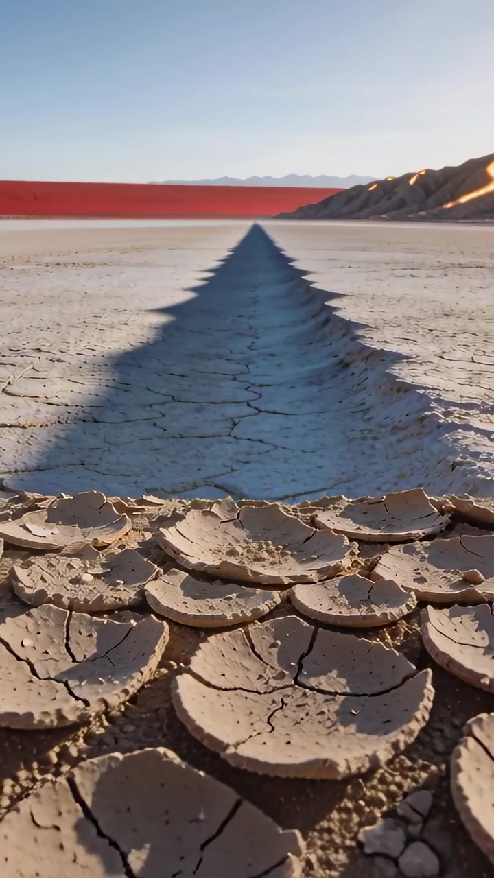 Vertical video: Starting camera pulling back tilting over playa showing cracked plates to red band