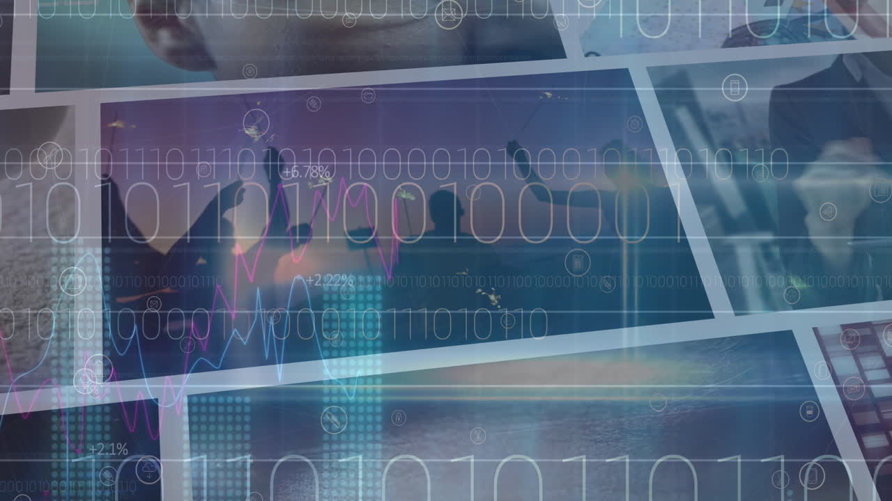 춤추는 사람들 위의 화면에서 바이너리 코딩과 데이터 처리의 애니메이션