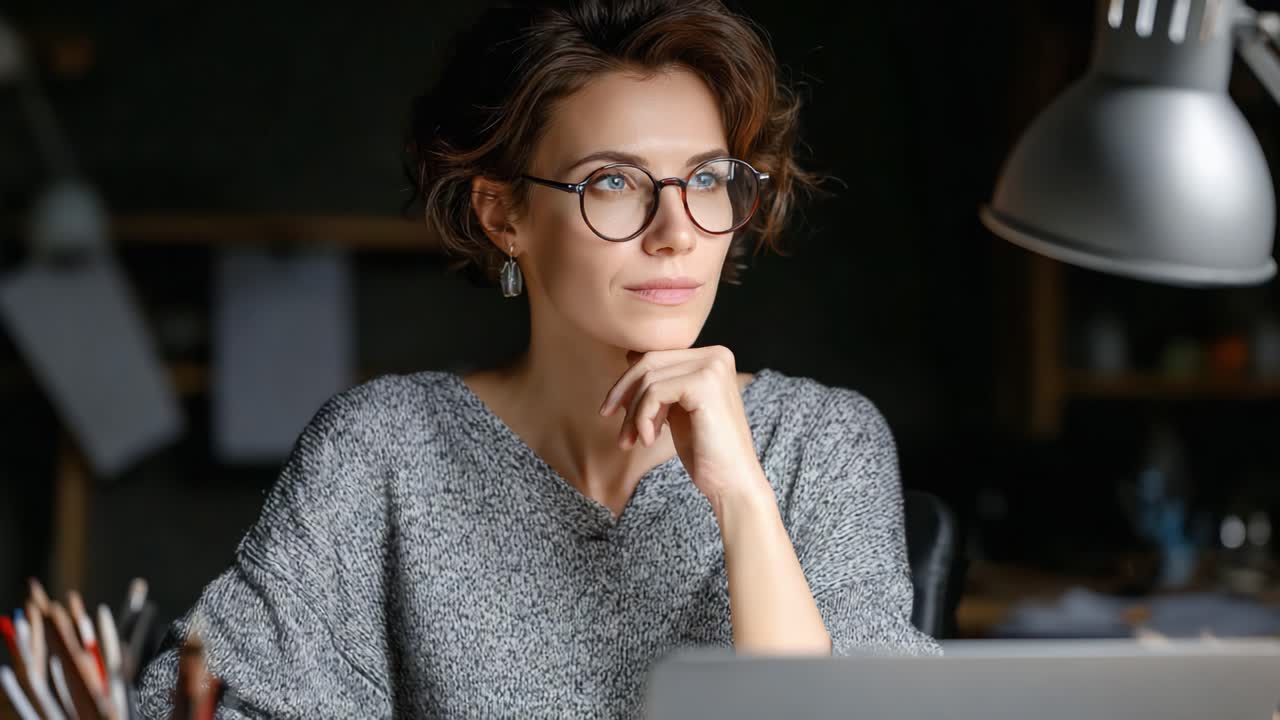A contemplative woman with glasses, deep in thought, sitting at a desk in a dimly lit workspace, surrounded by creative tools and materials, showcases a moment of reflection and focus