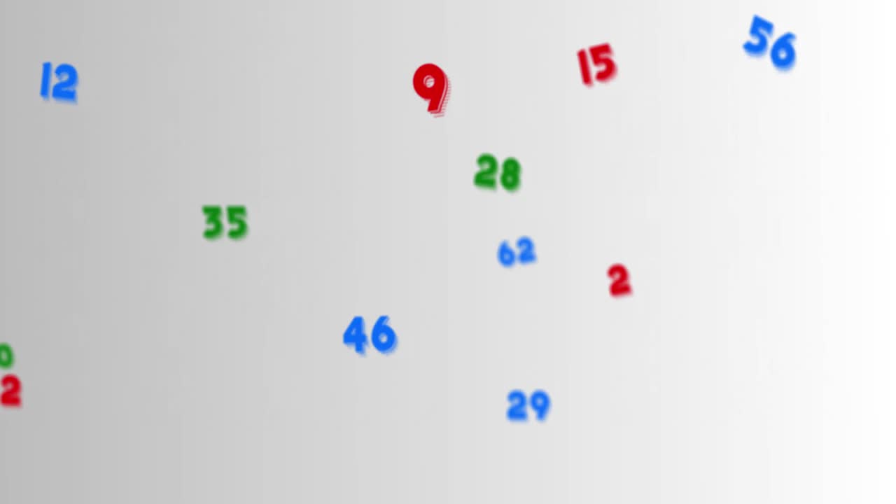 무작위적 인 다채로운 복수 수학 숫자와 기호가  ⁇  배경에 움직입니다.