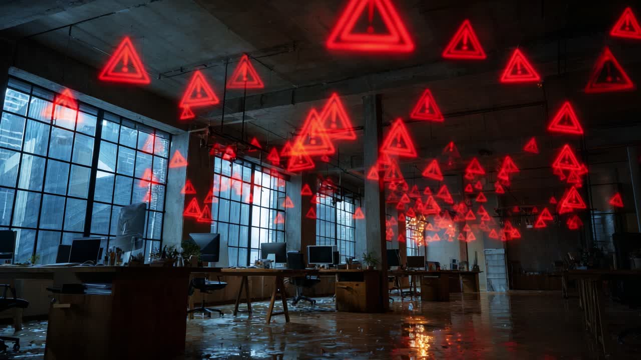 A dimly lit office space filled with glowing red warning symbols, creating an eerie atmosphere that suggests possible danger or alerts within a high-tech environment
