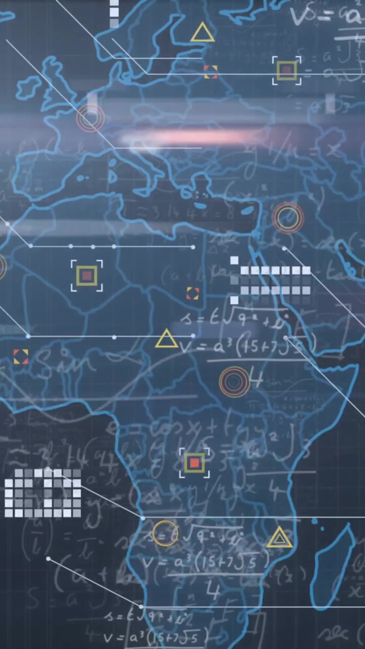 Animation of mathematical equations over world map and multiple screens of mosaic squares