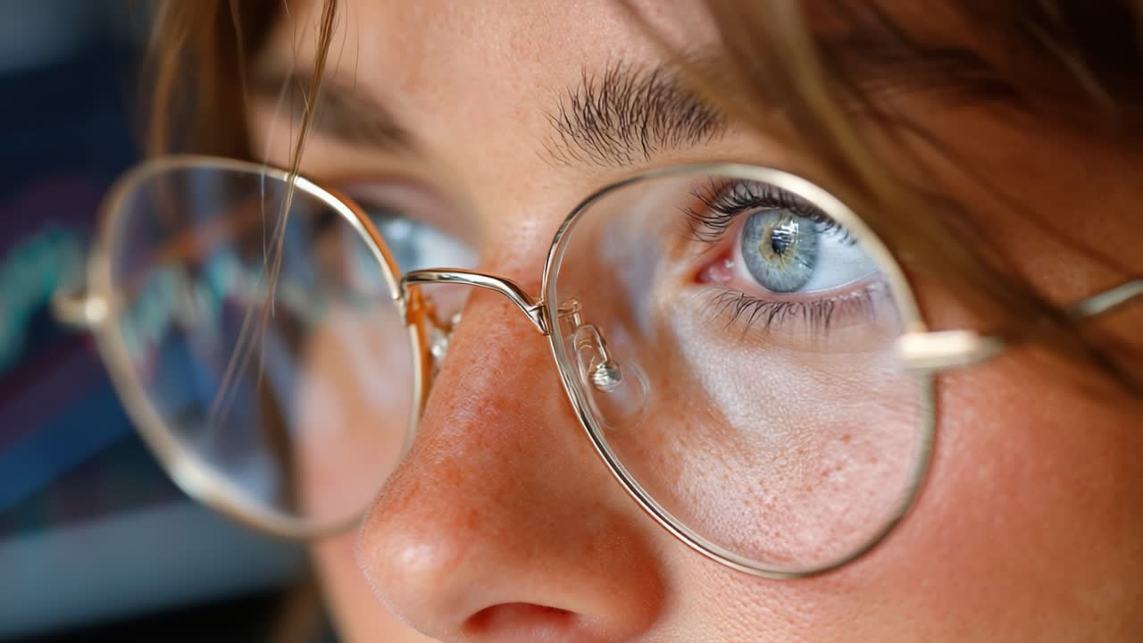 Close-Up of Focused Individual Wearing Glasses, Capturing Intense Emotion and Concentration as Eyes Transition from Open to Closed in a Thoughtful Moment