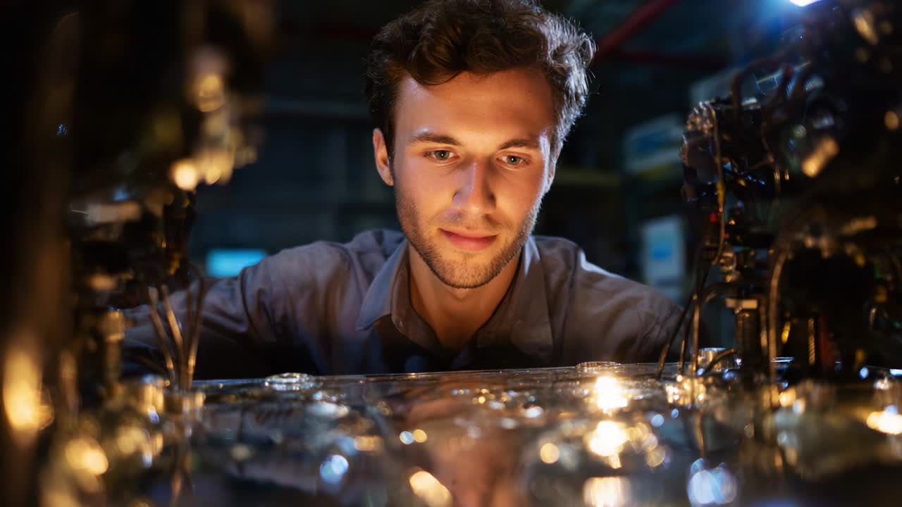A focused young man intently studies intricate machinery in a dimly lit workshop, showcasing his dedication to engineering, innovation, and technology as bright lights illuminate the workspace