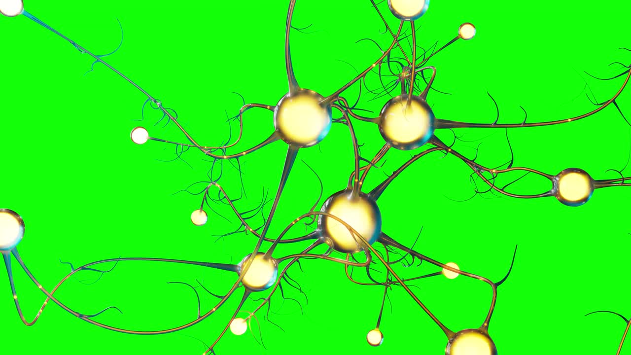 yellow brain synapses working and thinking on green screen