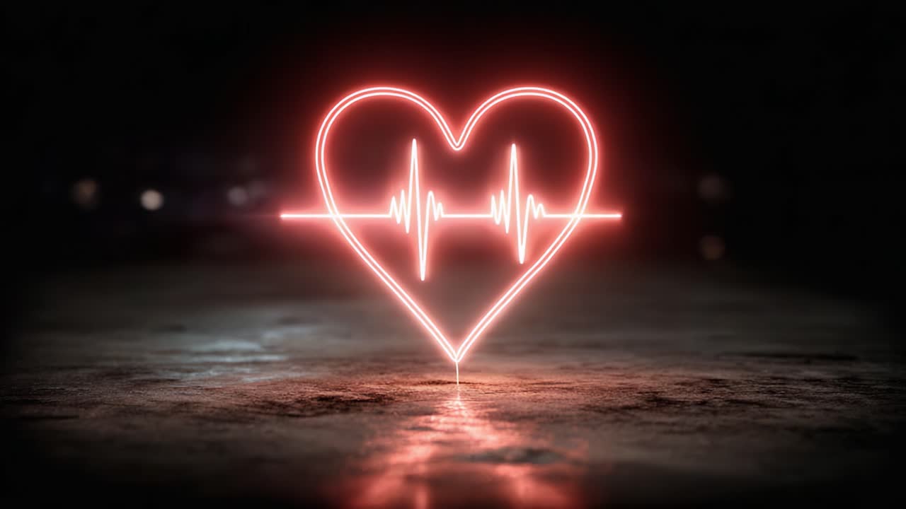 A glowing neon heart symbol with an EKG heartbeat line, capturing the essence of love and life, radiating in a dark and moody environment