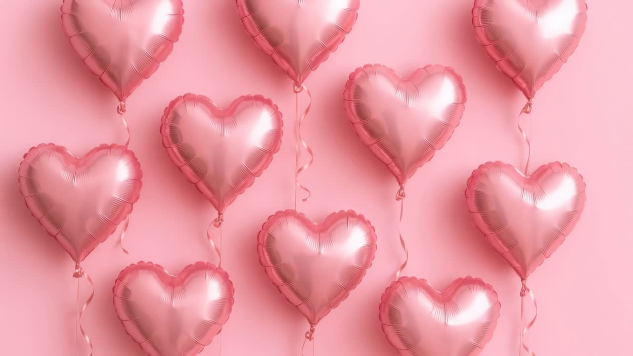 Top-down video of pink heart balloons on a pastel background, creating a romantic vibe