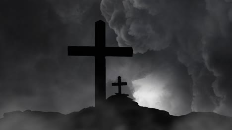 4k silhouette, two crosses on hill thunderstorm background