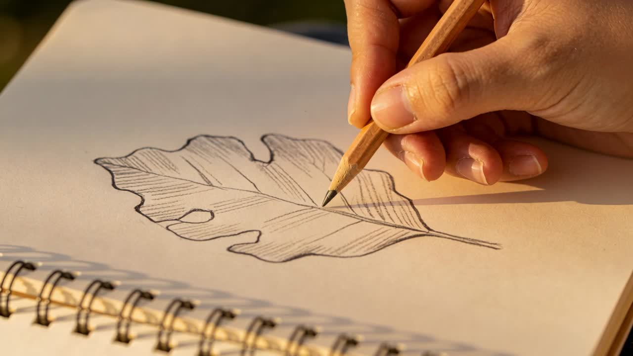 Mano che posiziona una matita su una vena, disegnando con tratteggio le venature di una foglia su un blocco all'aperto sotto una luce calda, penna.