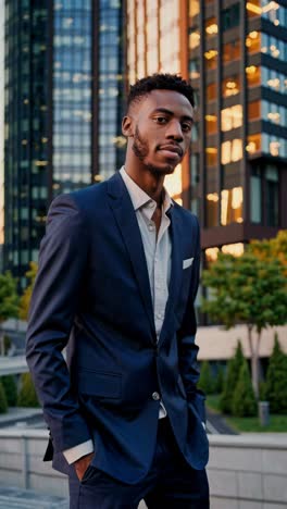 jeune gestionnaire posant dans différentes positions dans un quartier d'affaires avec des gratte-ciel en arrière-plan, portant un costume bleu et une chemise bleu clair