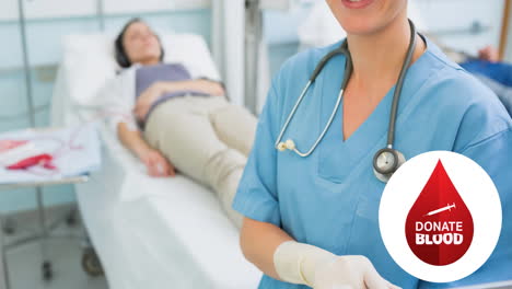 animation of donate blood text with syringe and droplet logo, over female nurse and donor