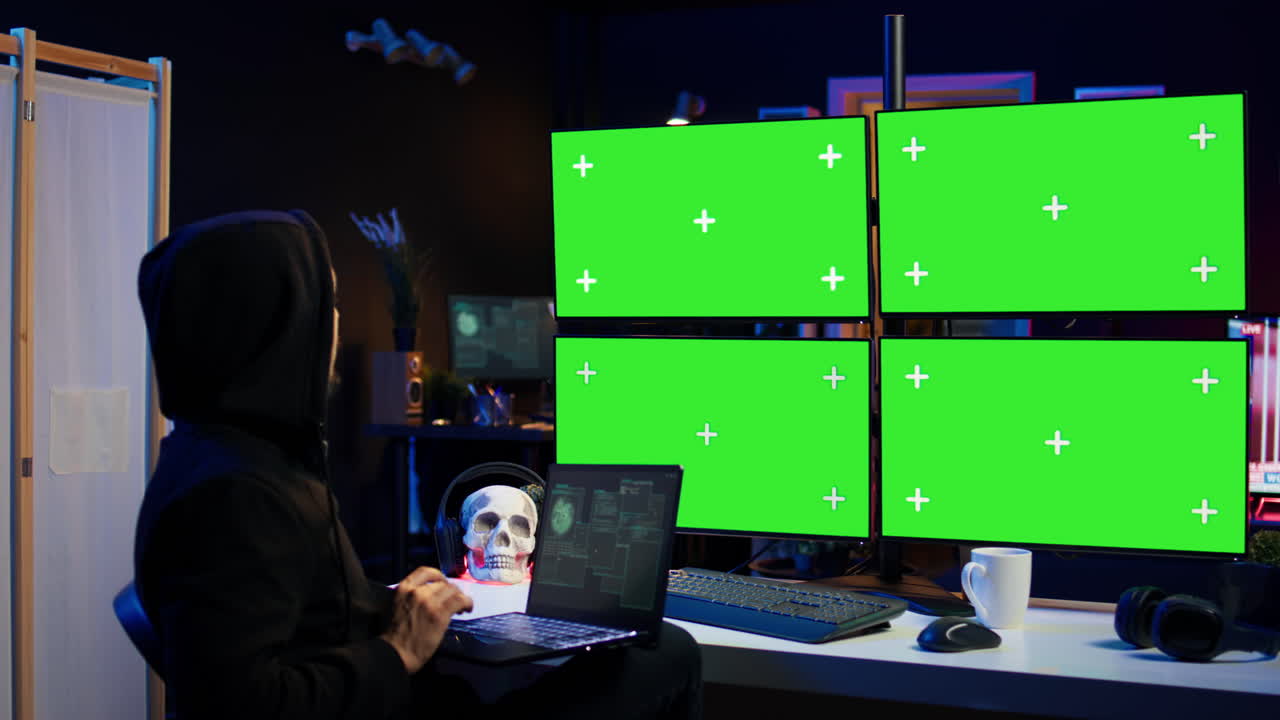 크로마 키 컴퓨터와 노트북을 사용하여 악성코드 스크립트를 만드는 해커