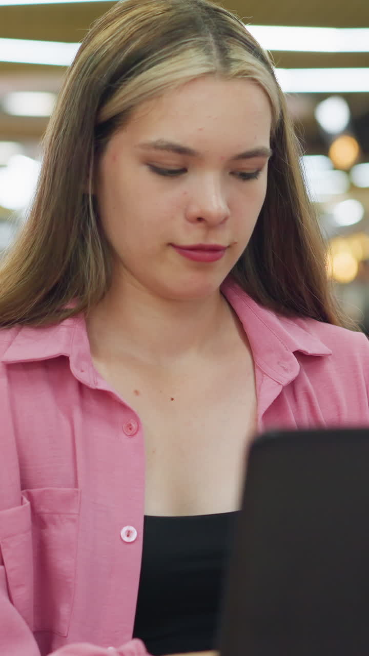 mujer joven en un vestido rosa sentada en un restaurante trabajando en su portátil mientras se mueve ligeramente en una diversión, movimiento de baile con una sonrisa suave, fondo borroso de personas comiendo con luz borrosa