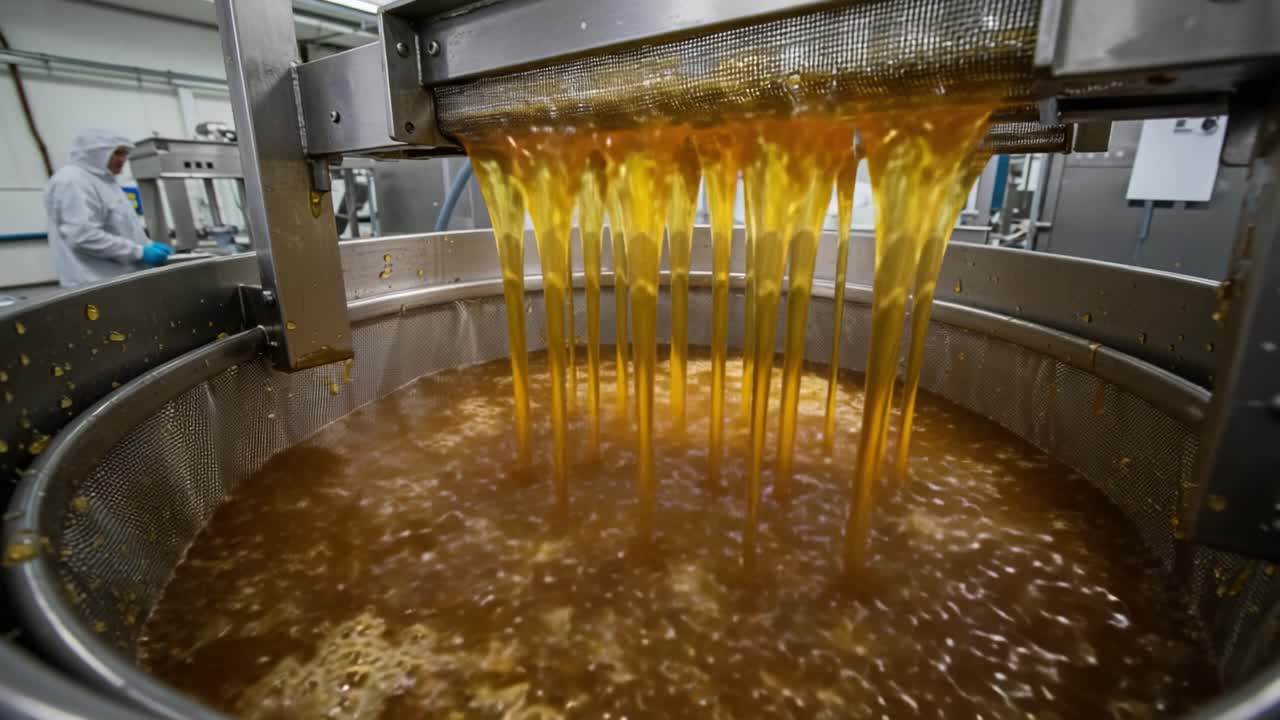 A Deep Dive into the Filtration Process of Golden Liquid Extracts, Capturing the Flow of Viscous Substance in a Production Facility Under Precision Standards