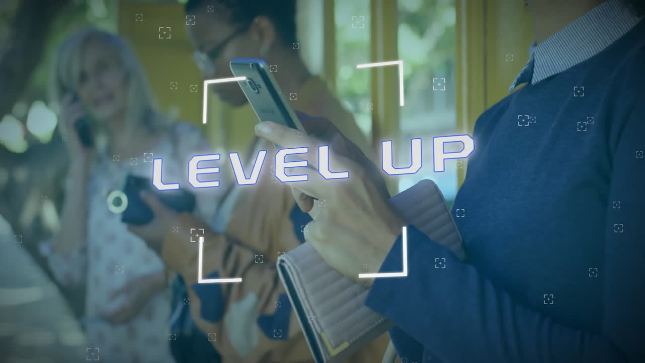 Animation of level up text and data processing over caucasian businessman using smartphone