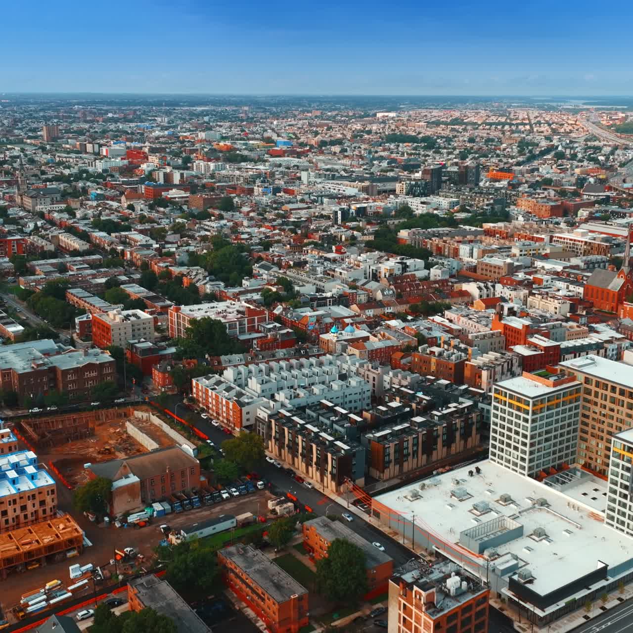 Urban scenery of Philadelphia, Pennsylvania, USA. Drone flying above the city on sunny daytime
