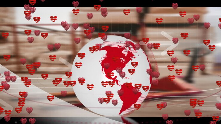 Red hearts animation over globe with red continents in abstract background