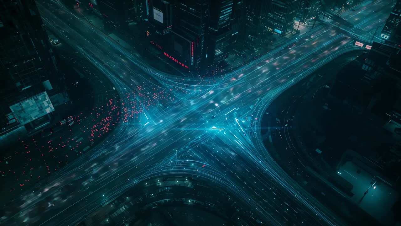 Nightfall starting light streaks weaving through X-shaped highway interchange under streetlights