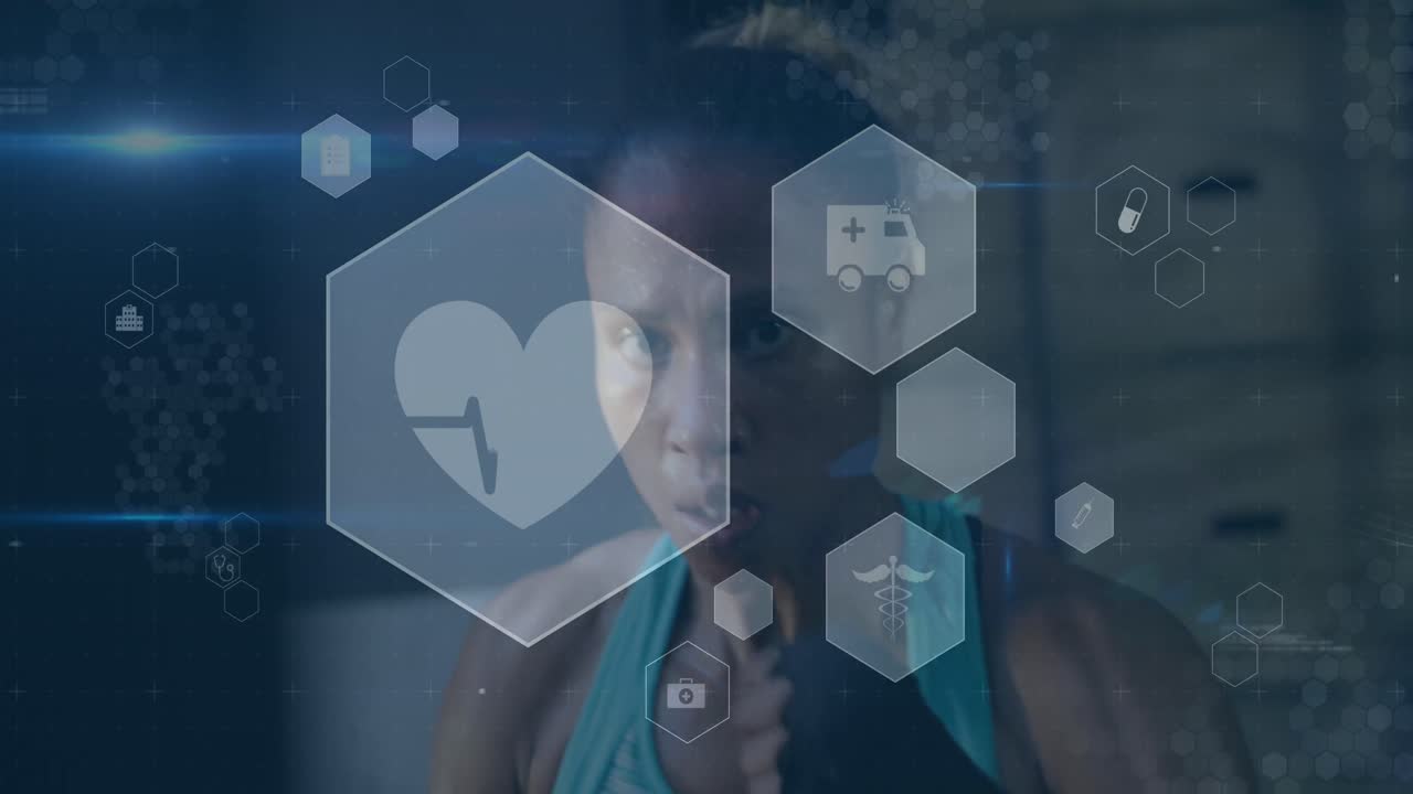 체육관에서 운동하는 아프리카계 미국인 여성에 대한 의료 및 건강 아이콘의 애니메이션