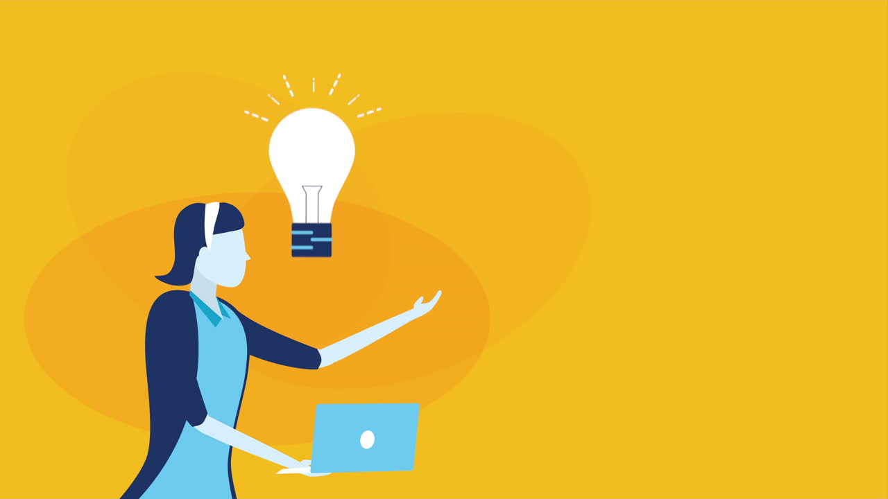 businesswoman worker with laptop and bulb