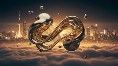 a mesmerizing metallic infinity loop surrounded by a dreamy skyline and clouds, highlighting the fusion of art and technology in a captivating visual scene