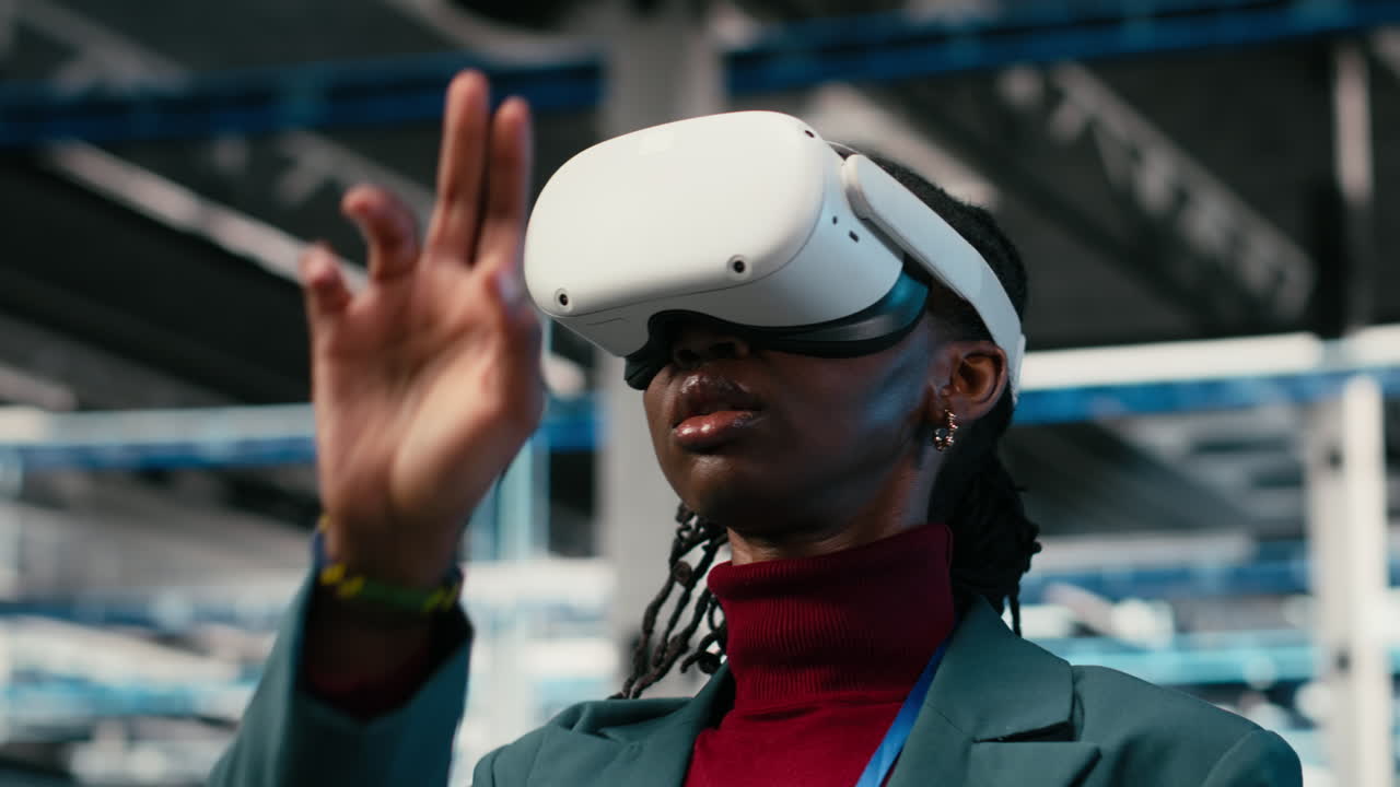 African American Woman Using VR Headset in Data Center