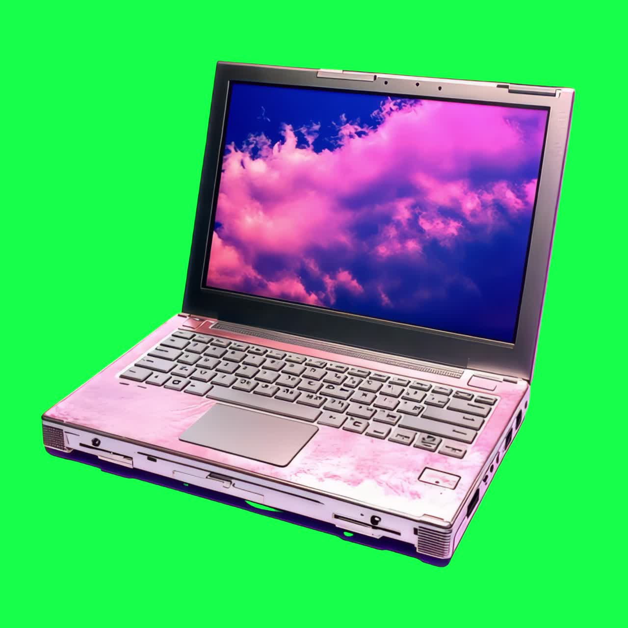 Vibrant laptop with pink clouds animation, transparent 4K video, green screen