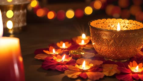 celebración de diwali con velas y flores