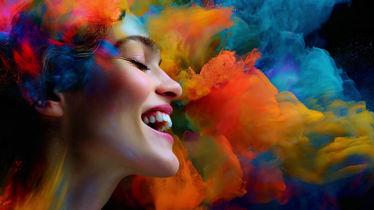 A Vibrant Display of Joy: A Woman with Colorful Explosions of Paint Surrounding Her in a Captivating Moment of Laughter and Happiness