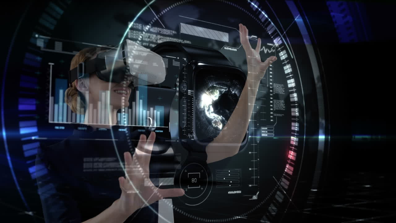 Woman using VR with graphs