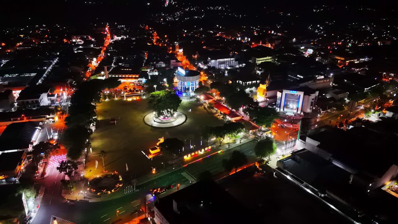 Aerial view of Magelang city on the evening, Night shot of Magelang Town Square.4K drone shot.