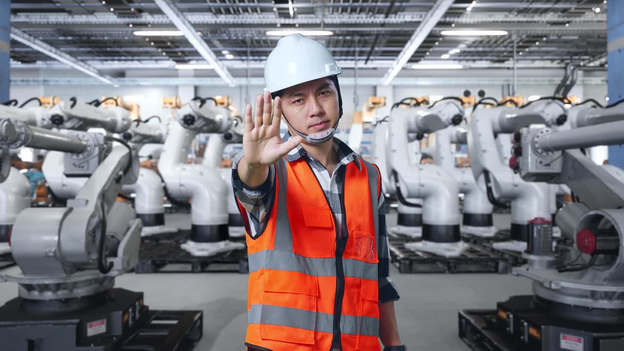 trabajador de la fábrica dando señal de parada cerca de los robots