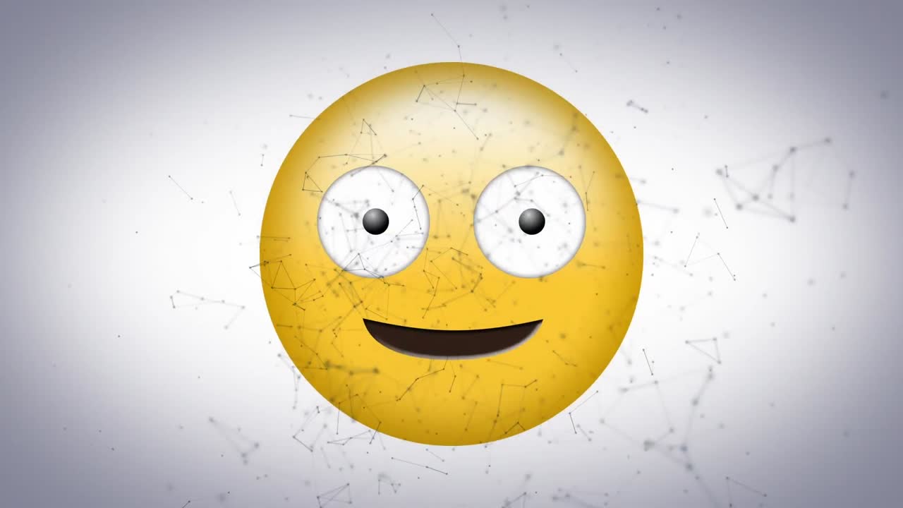 animación digital de una red de conexiones sobre un emoji de cara tonta sobre un fondo gris