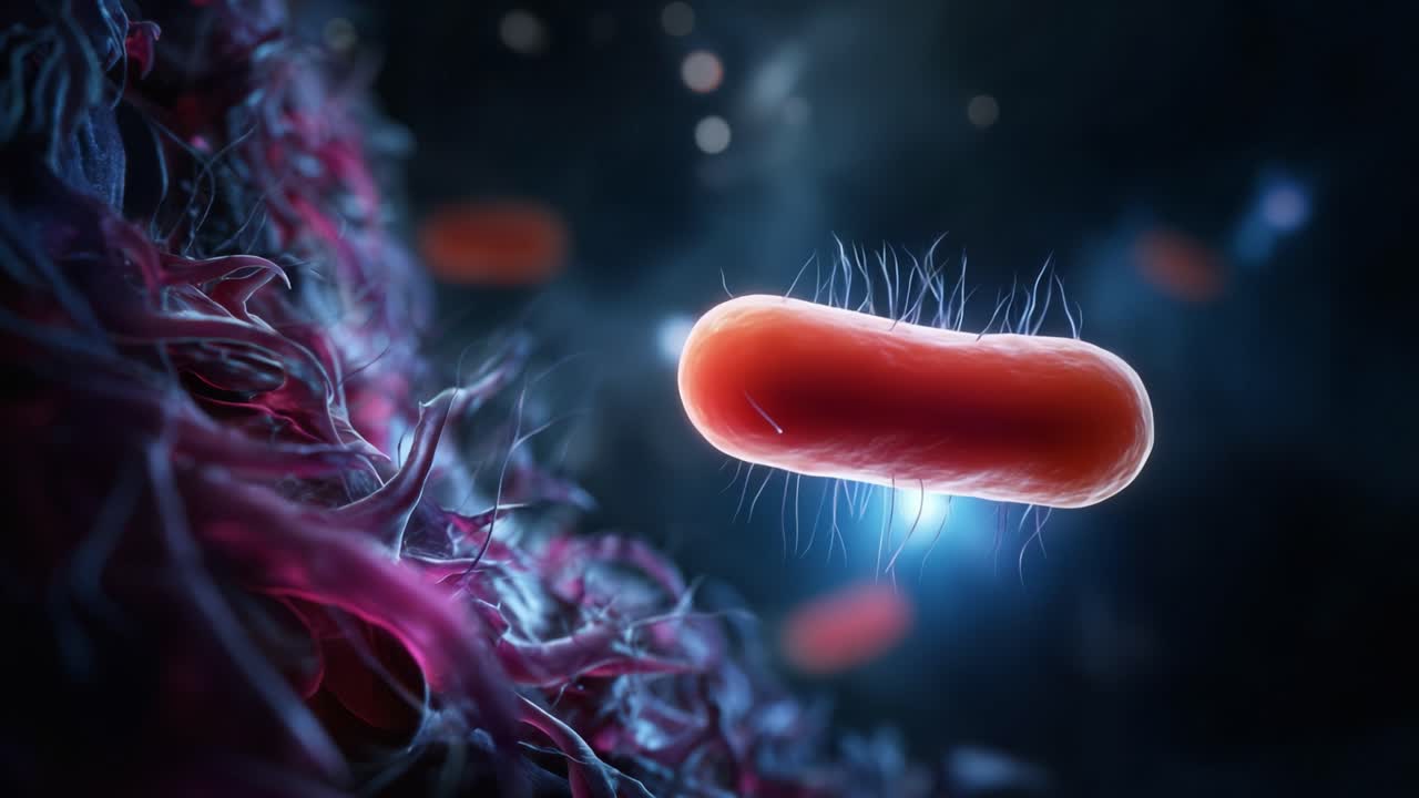 A close-up view of a bacterium suspended in an intricate biological environment, showcasing its unique shape and surface features against a mysterious backdrop