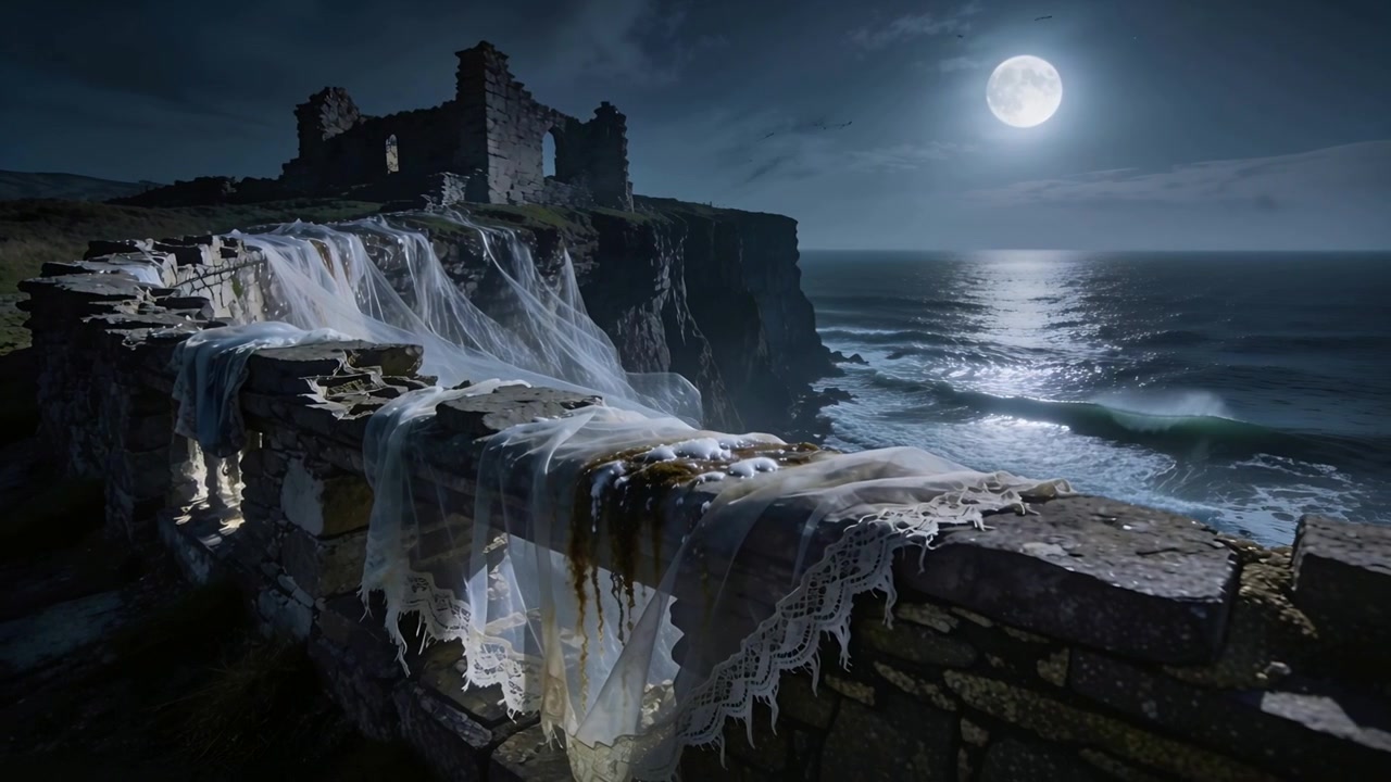 Brezza costiera che si gonfia e solleva un parapetto di pietra drappeggiato di pizzo su una scogliera, riflettendo il chiaro di luna.