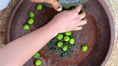 pluma triturada verde madura fruta persa infusión de hierbas mezcla con verduras aromáticas y sal pastel sabor agrio deliciosa vitamina en el método tradicional en la aldea rural gente local receta de campo de irán