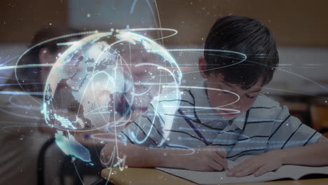 animation of globe with network of connections over schoolboy writing