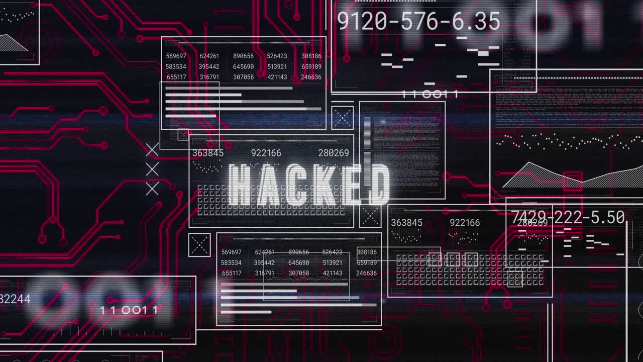 Animation of binary codes over hacked text on loading bars, numbers in circles on black background