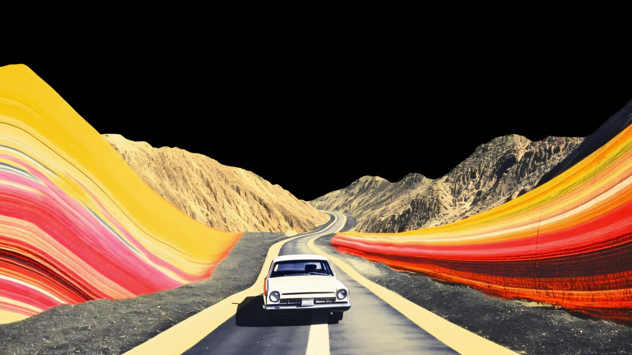 Overlay animato surreale e vibrante di un viaggio nel deserto, video 4K trasparente, canale alfa, ProRes 4444