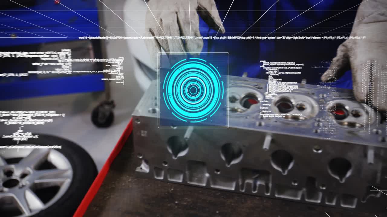 Male mechanic inspecting head, hands hovering, scan evolving into burst globe HUD diagnosing faults
