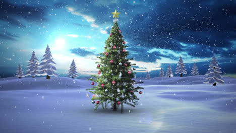 Animation-of-snow-falling-over-christmas-tree-and-winter-landscape