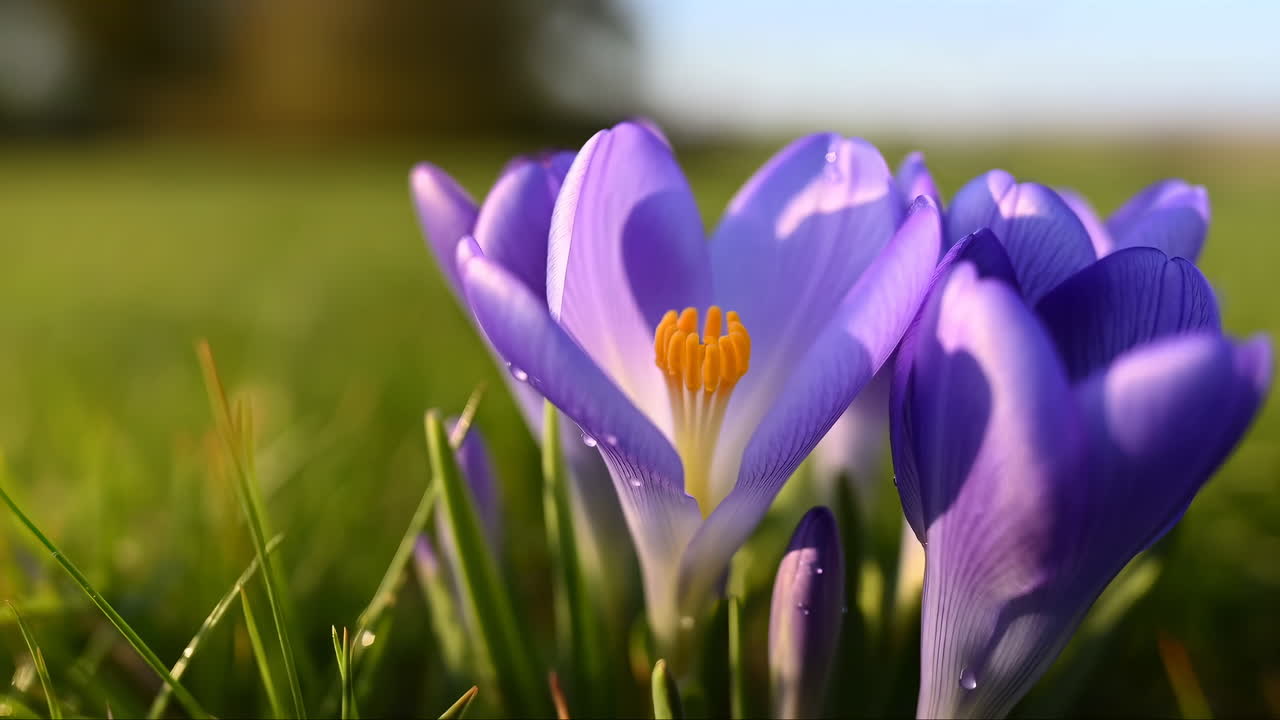 Primo piano di fiori di croco viola che sbocciano in un campo erboso