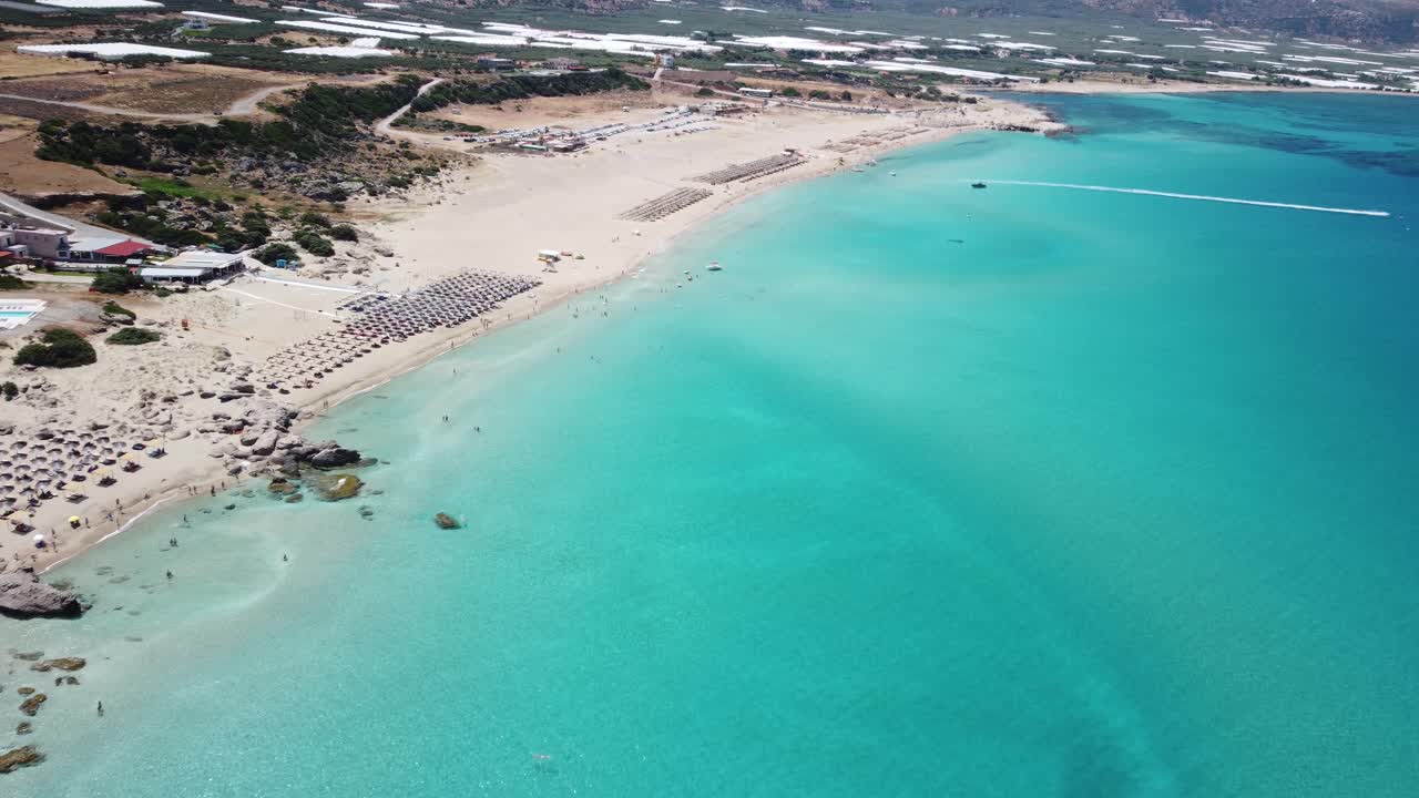 Aerial drone top view video of famous paradise sandy deep turquoise beach of Falasarna in North West Crete island, Greece
